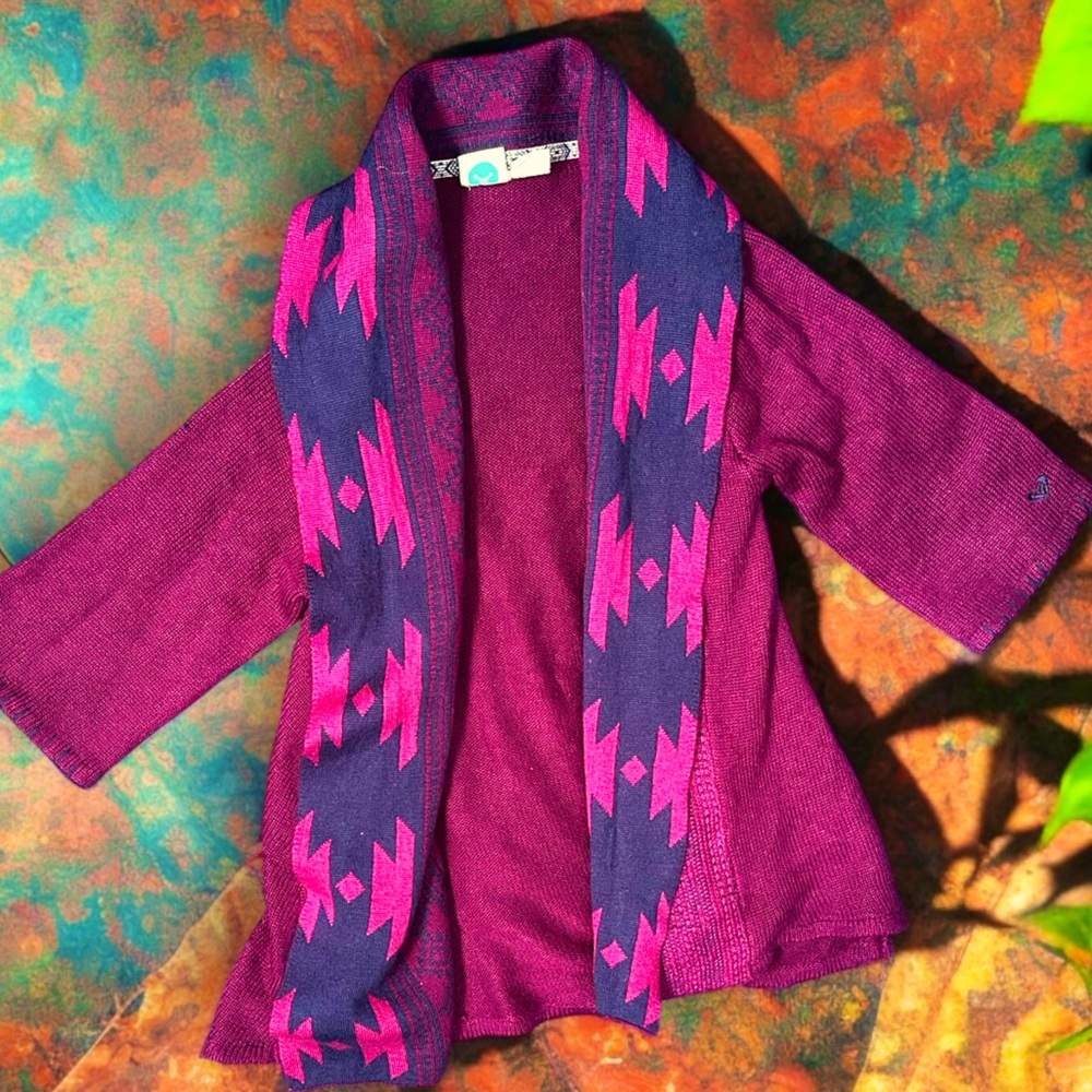 ROXY GIRL Aztec Cardigan | Maroon & Navy Boho Chic Throw Over Sweater | Sz:M